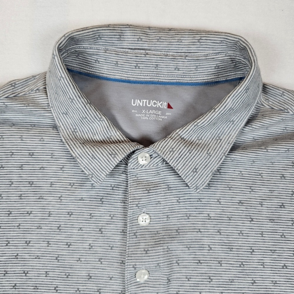UNTUCKit Mens XL Gray Striped Geometric Print Cotton Short Sleeve Polo Shirt - Picture 3 of 7